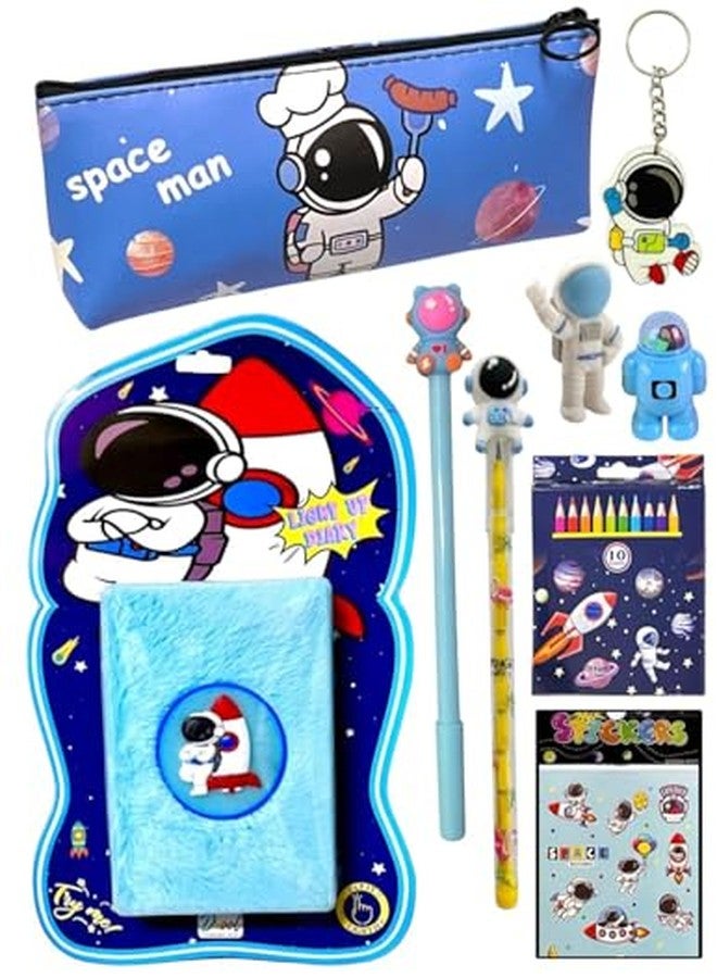 GLITREEPROPS Space Astronaut Stationery Set, 9-Piece Combo with Fur Diary, Pouch, Pencil Colours, Pens, Keychain and Stickers - Image 2